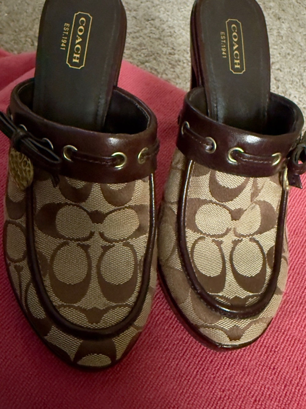 Coach Brown Signature Logo Slip-On Clogs with Dark Brown Trim